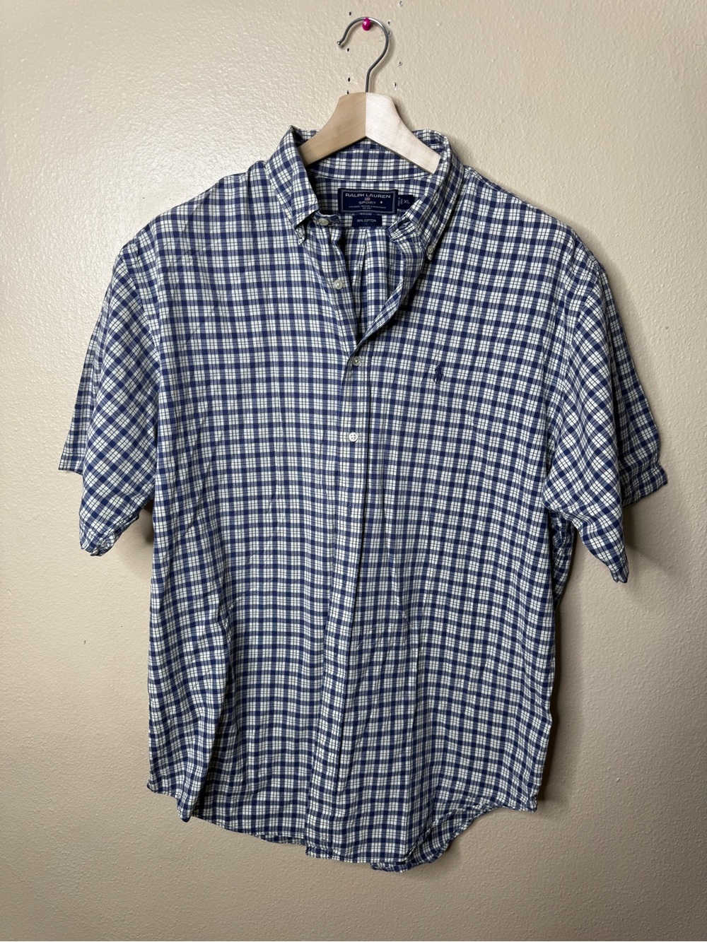 Ralph Lauren Sport Mens XL Blue Plaid Cotton Short Sleeve Button Up Shirt Logo